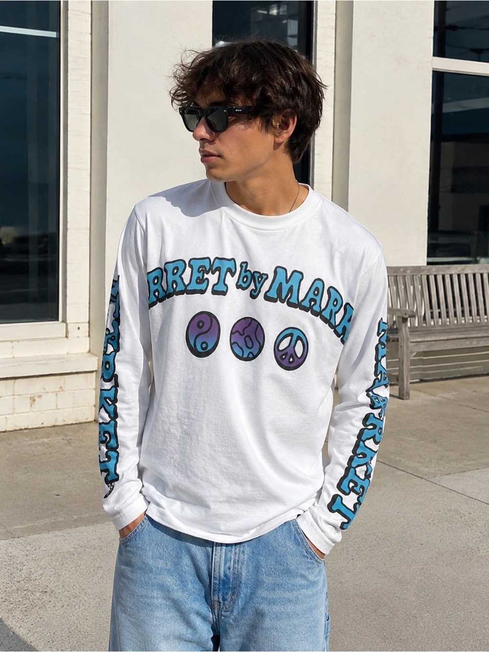 Market by Market Peace Sign Puff Print Long Sleeve Tee White Medium NWOT